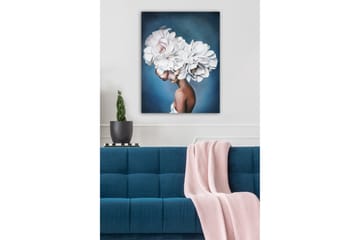 Lerretsbilde - Portrett av en kvinne med store, hvite blomster som hodeplagg - Hvit / Blå / Brun - Interiør - Maleri & posters - Lerretsbilder