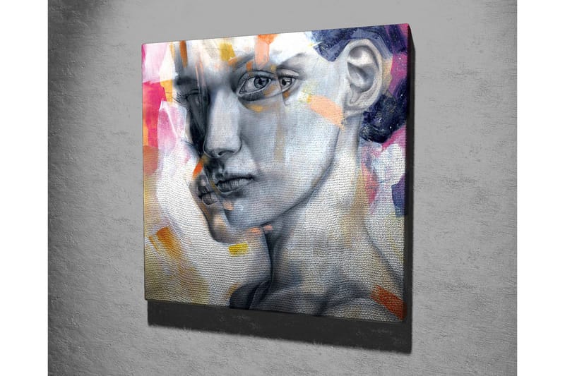 Lerretsbilde - Portrett av en kvinne med et uttrykksfullt ansiktsuttrykk - Grå / Rosa / Oransje - Interiør - Maleri & posters - Lerretsbilder