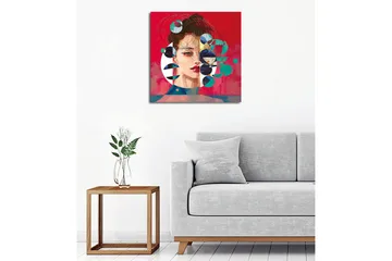 Lerretsbilde - Portrett av en kvinne med abstrakte geometriske former og fargerike sirkler - Rød / Grønn / Svart - Interiør - Maleri & posters - Lerretsbilder