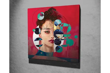 Lerretsbilde - Portrett av en kvinne med abstrakte geometriske former og fargerike sirkler - Rød / Grønn / Svart - Interiør - Maleri & posters - Lerretsbilder