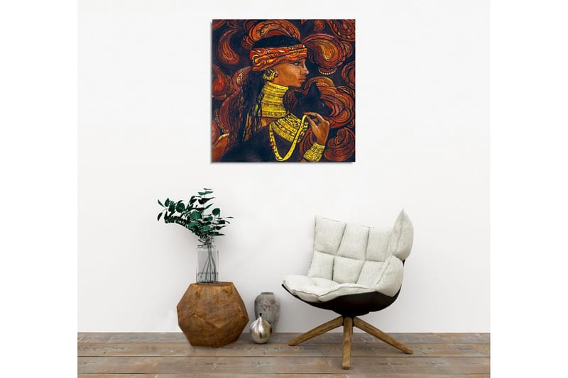 Lerretsbilde - Portrett av en kvinne med smykker og en svart katt - Mørk brun / Oransje / Gul - Interiør - Maleri & posters - Lerretsbilder