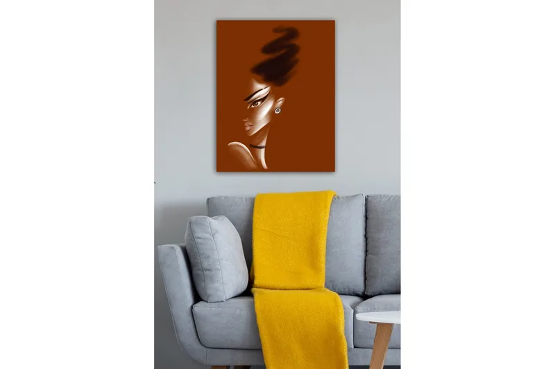 Lerretsbilde - Portrett av en kvinne med stiliserte ansiktstrekk og en elegant frisyre - Mørk brun / Beige / Svart - Interiør - Maleri & posters - Lerretsbilder