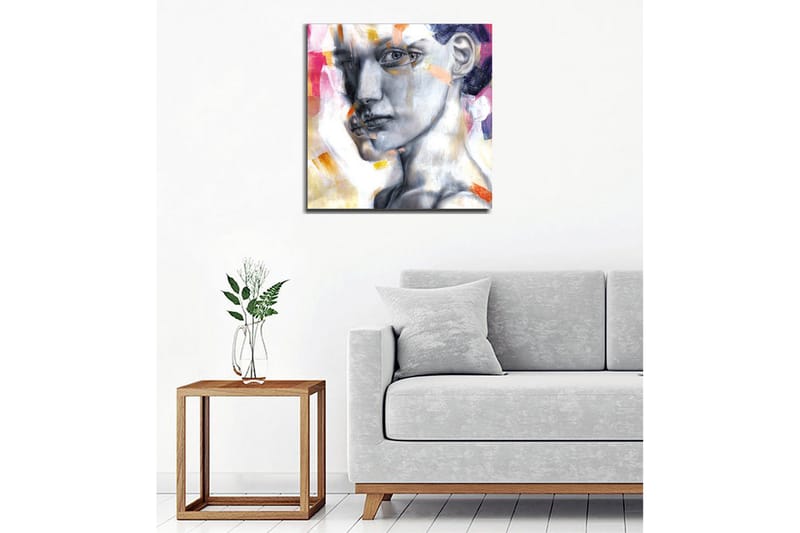 Lerretsbilde - Portrett av en kvinne med et uttrykksfullt ansiktsuttrykk - Grå / Rosa / Oransje - Interiør - Maleri & posters - Lerretsbilder
