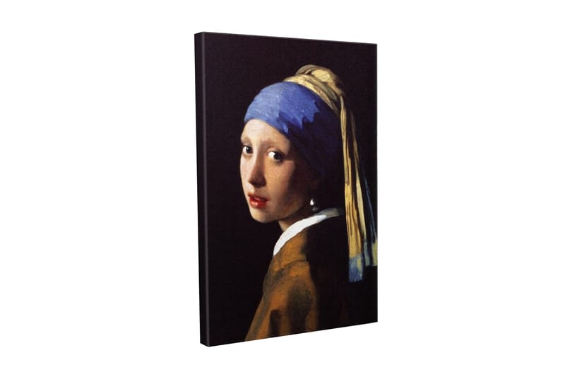 Lerretsbilde - Portrett av en ung kvinne med perleørering og blått hodeskjerf, Blå / Beige / Svart