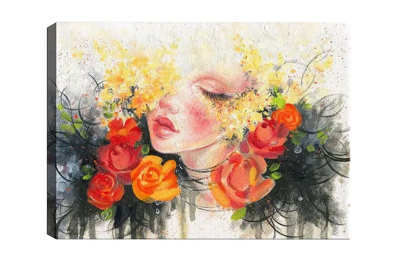 Lerretsbilde - Portrett av en kvinne med blomster i håret, Oransje / Gul / Svart