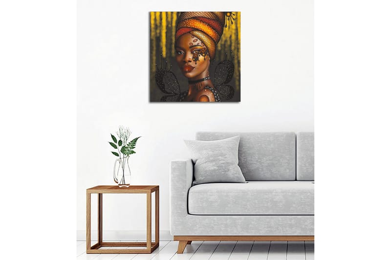 Lerretsbilde - Portrett av en kvinne med fargerik hodeplagg og sommerfugler - Gull / Svart / Rød - Interiør - Maleri & posters - Lerretsbilder