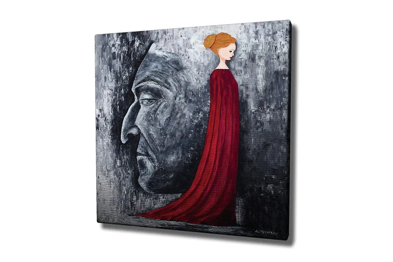 Lerretsbilde - Portrett av en kvinne i en rød kjole med en stor ansiktsprofil i grått i bakgrunnen, Rød / Grå / Svart