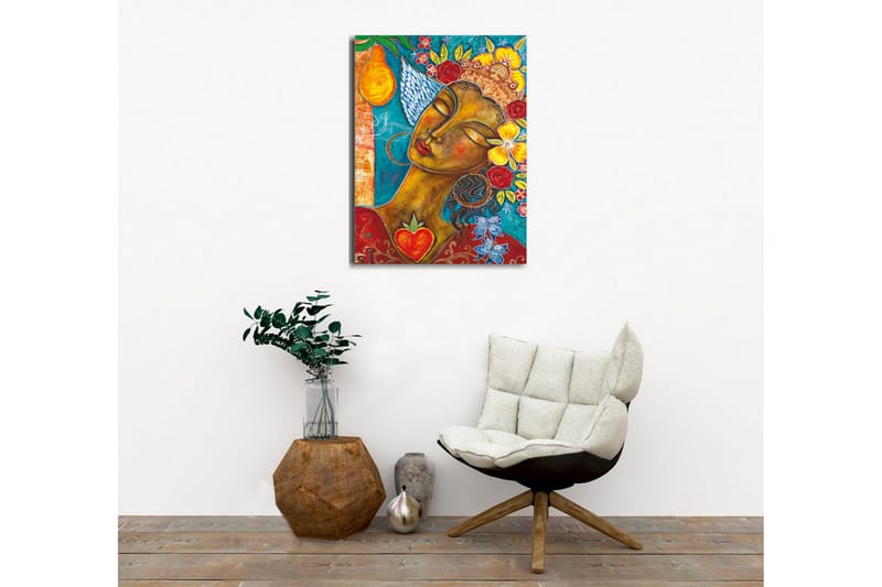 Lerretsbilde - Portrett av en kvinne med blomster og frukt i håret - Turkis / Brun / Rød - Interiør - Maleri & posters - Lerretsbilder