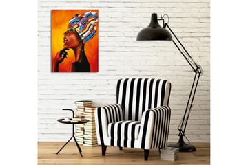 Lerretsbilde - Portrett av en kvinne med fargerikt hodeskjerf og sterkt uttrykk - Oransje / Svart / Blå - Interiør - Maleri & posters - Lerretsbilder