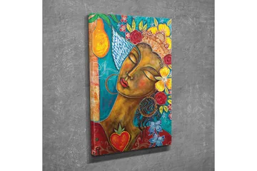 Lerretsbilde - Portrett av en kvinne med blomster og frukt i håret - Turkis / Brun / Rød - Interiør - Maleri & posters - Lerretsbilder