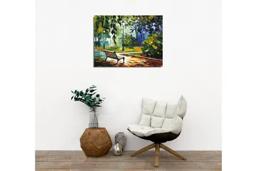 Lerretsbilde - Parkbenk omgitt av frodige trær og lys i et fargerikt miljø - Grønn / Gul / Blå - Interiør - Maleri & posters - Lerretsbilder