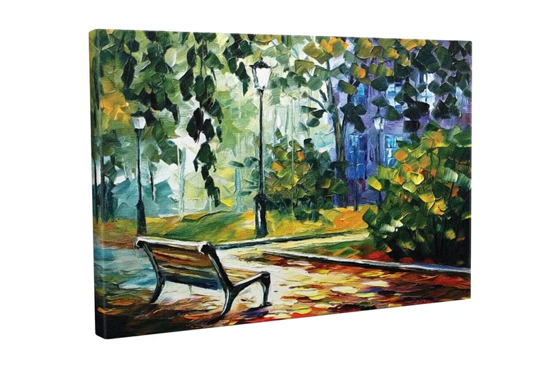 Lerretsbilde - Parkbenk omgitt av frodige trær og lys i et fargerikt miljø, Grønn / Gul / Blå