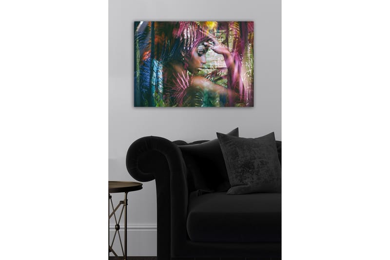 Lerretsbilde - Portrett av en kvinne omgitt av fargerike planter - Grønn / Rosa / Blå - Interiør - Maleri & posters - Lerretsbilder