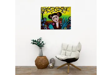 Lerretsbilde - Portrett av en kvinne med blomster i håret og en grønn fugl ved siden av seg - Grønn / Rød / Svart - Interiør - Maleri & posters - Lerretsbilder