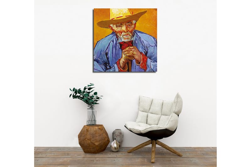 Lerretsbilde - Portrett av en gammel mann med hatt og blå skjorte - Gul / Blå / Rød - Interiør - Maleri & posters - Lerretsbilder