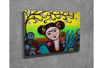 Lerretsbilde - Portrett av en kvinne med blomster i håret og en grønn fugl ved siden av seg - Grønn / Rød / Svart - Interiør - Maleri & posters - Lerretsbilder