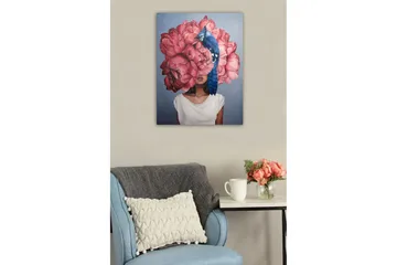 Lerretsbilde - Portrett av en kvinne med en stor bukett rosa blomster som hode og en blå fugl som sitter på blomstene - Rosa / Blå / Beige - Interiør - Maleri & posters - Lerretsbilder