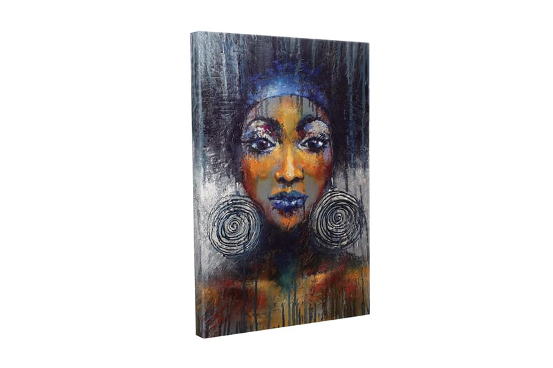 Lerretsbilde - Portrett av en kvinne med store øredobber og sterke farger, Mørk blå / Oransje / Svart