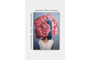 Lerretsbilde - Portrett av en kvinne med en stor bukett rosa blomster som hode og en blå fugl som sitter på blomstene - Rosa / Blå / Beige - Interiør - Maleri & posters - Lerretsbilder