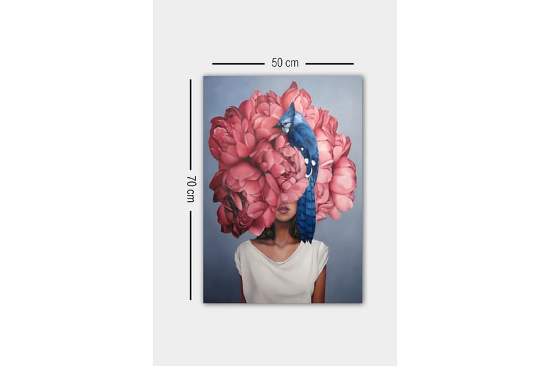 Lerretsbilde - Portrett av en kvinne med en stor bukett rosa blomster som hode og en blå fugl som sitter på blomstene - Rosa / Blå / Beige - Interiør - Maleri & posters - Lerretsbilder