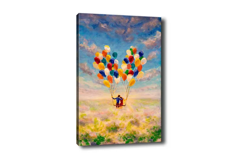 Lerretsbilde - Par med ballonger som svever over en blomstrende eng, Gul / Grønn / Blå