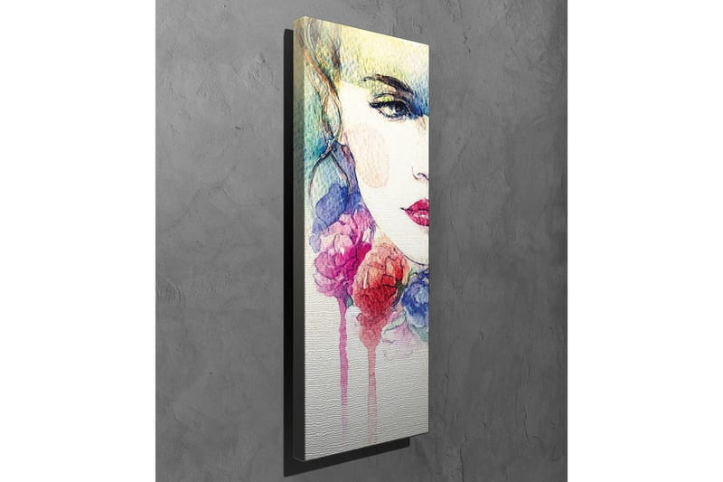 Lerretsbilde - Portrett av en kvinne med fargerike blomster rundt ansiktet - Rosa / Blå / Gul - Interiør - Maleri & posters - Lerretsbilder