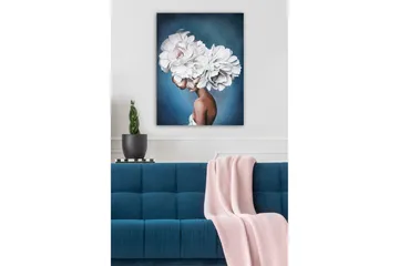 Lerretsbilde - Portrett av en kvinne med store, hvite blomster som hodeplagg - Hvit / Blå / Brun - Interiør - Maleri & posters - Lerretsbilder