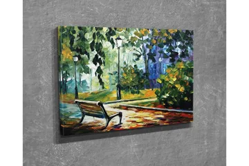 Lerretsbilde - Parkbenk omgitt av frodige trær og lys i et fargerikt miljø - Grønn / Gul / Blå - Interiør - Maleri & posters - Lerretsbilder