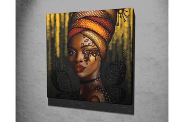 Lerretsbilde - Portrett av en kvinne med fargerik hodeplagg og sommerfugler - Gull / Svart / Rød - Interiør - Maleri & posters - Lerretsbilder