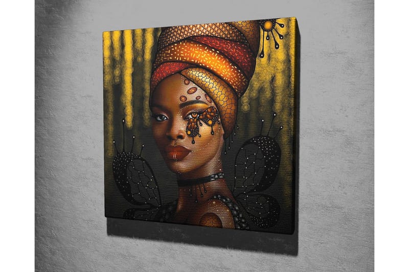 Lerretsbilde - Portrett av en kvinne med fargerik hodeplagg og sommerfugler - Gull / Svart / Rød - Interiør - Maleri & posters - Lerretsbilder