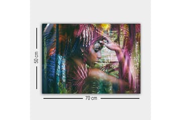Lerretsbilde - Portrett av en kvinne omgitt av fargerike planter - Grønn / Rosa / Blå - Interiør - Maleri & posters - Lerretsbilder