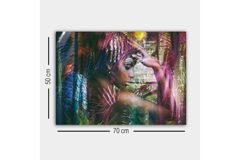 Lerretsbilde - Portrett av en kvinne omgitt av fargerike planter - Grønn / Rosa / Blå - Interiør - Maleri & posters - Lerretsbilder
