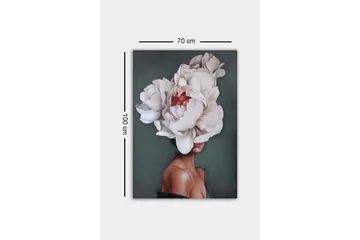Lerretsbilde - Portrett av en kvinne med en stor krans av hvite peoner som dekker hodet - Hvit / Mørkegrønn / Rosa - Interiør - Maleri & posters - Lerretsbilder