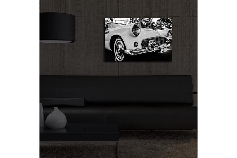 Lerretsmaleri med LED-belysning 45x70 cm - Klassisk bil i retrostil - Hvit / Svart / Sølv - Interiør - Maleri & posters - Lerretsbilder