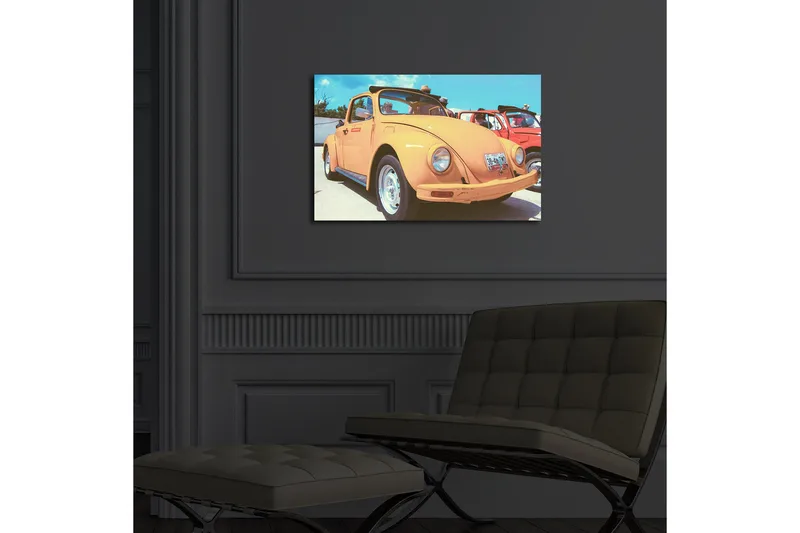 Lerretsmaleri med LED-belysning 45x70 cm - Klassisk Volkswagen-bil i en livlig oransje fargetone - Oransje / Blå / Hvit - Interiør - Maleri & posters - Lerretsbilder