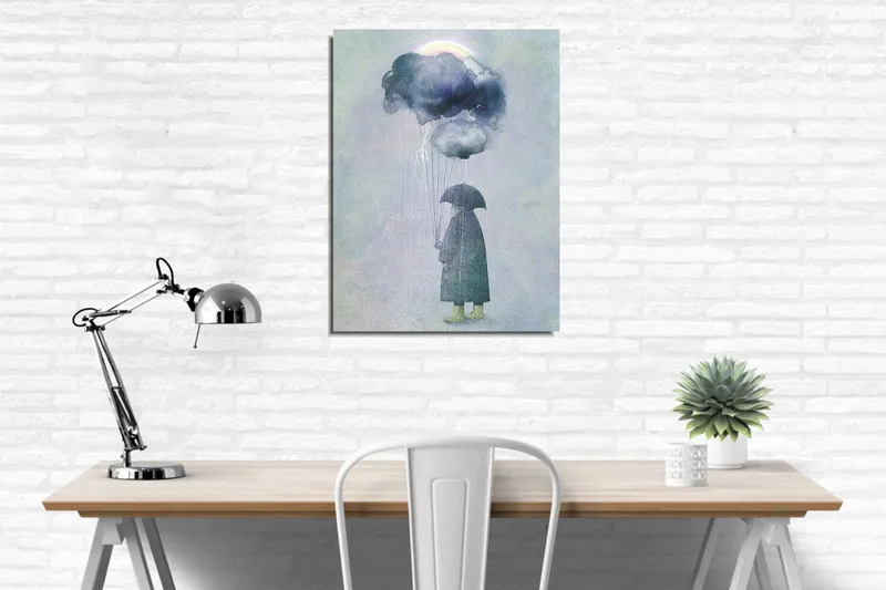 Lite lerret 30x40 cm - Person med paraply som står under regnskyer - Mørk blå / Lys grå / Gul grønn - Interiør - Maleri & posters - Lerretsbilder