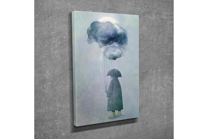 Lite lerret 30x40 cm - Person med paraply som står under regnskyer - Mørk blå / Lys grå / Gul grønn - Interiør - Maleri & posters - Lerretsbilder