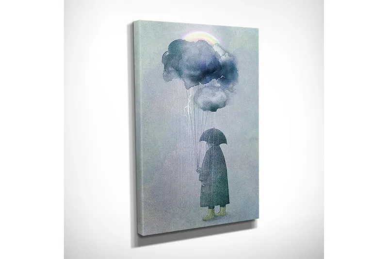 Lite lerret 30x40 cm - Person med paraply som står under regnskyer - Mørk blå / Lys grå / Gul grønn - Interiør - Maleri & posters - Lerretsbilder