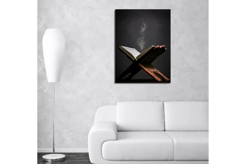 Lite lerretsbilde 30x40 cm - Åpen bok med flytende lyspartikler - Mørk brun / Gull / Svart - Interiør - Maleri & posters - Lerretsbilder