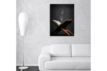 Lite lerretsbilde 30x40 cm - Åpen bok med flytende lyspartikler - Mørk brun / Gull / Svart - Interiør - Maleri & posters - Lerretsbilder