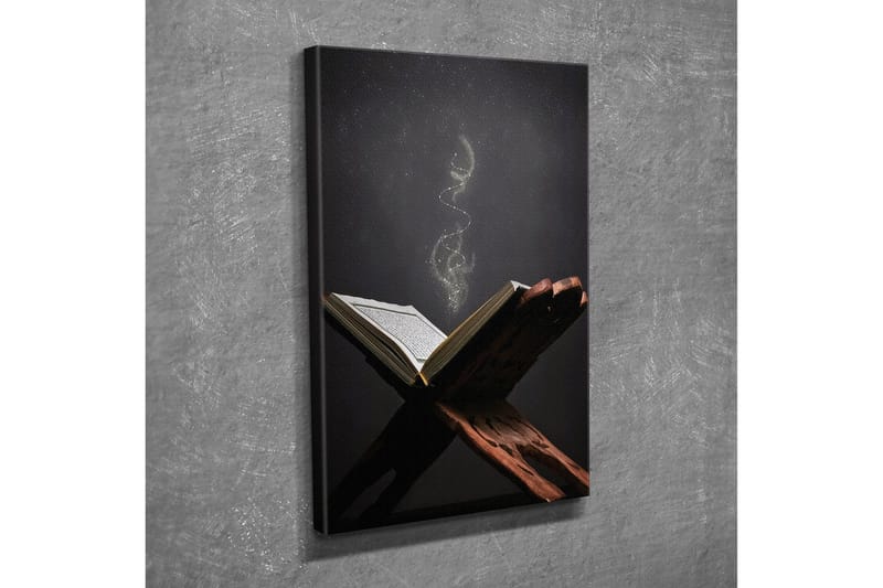 Lite lerretsbilde 30x40 cm - Åpen bok med flytende lyspartikler - Mørk brun / Gull / Svart - Interiør - Maleri & posters - Lerretsbilder