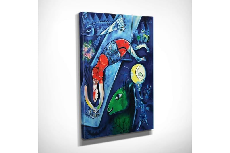 Lite lerretsbilde 30x40 cm - Abstrakt komposisjon med dyr og mennesker i et drømmeaktig miljø - Mørk blå / Rød / Grønn - Interiør - Maleri & posters - Lerretsbilder