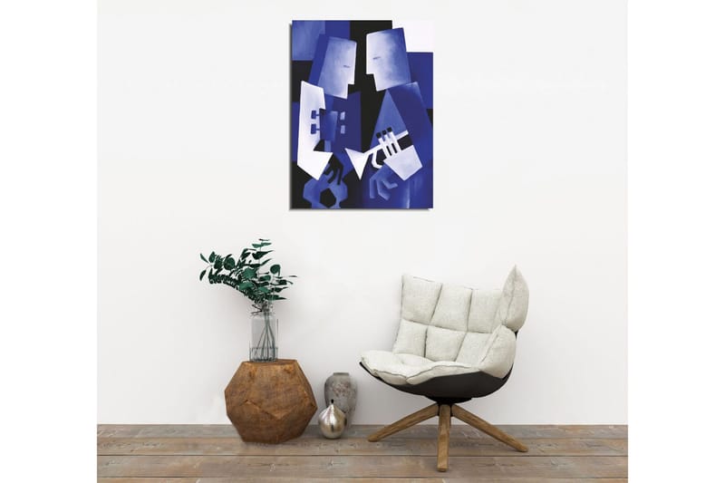 Lite lerretsbilde 30x40 cm - Abstrakt komposisjon med to figurer som spiller musikk - Mørk blå / Lys blå / Svart - Interiør - Maleri & posters - Lerretsbilder