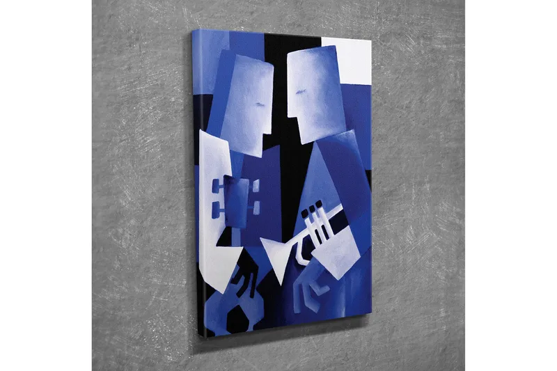 Lite lerretsbilde 30x40 cm - Abstrakt komposisjon med to figurer som spiller musikk - Mørk blå / Lys blå / Svart - Interiør - Maleri & posters - Lerretsbilder