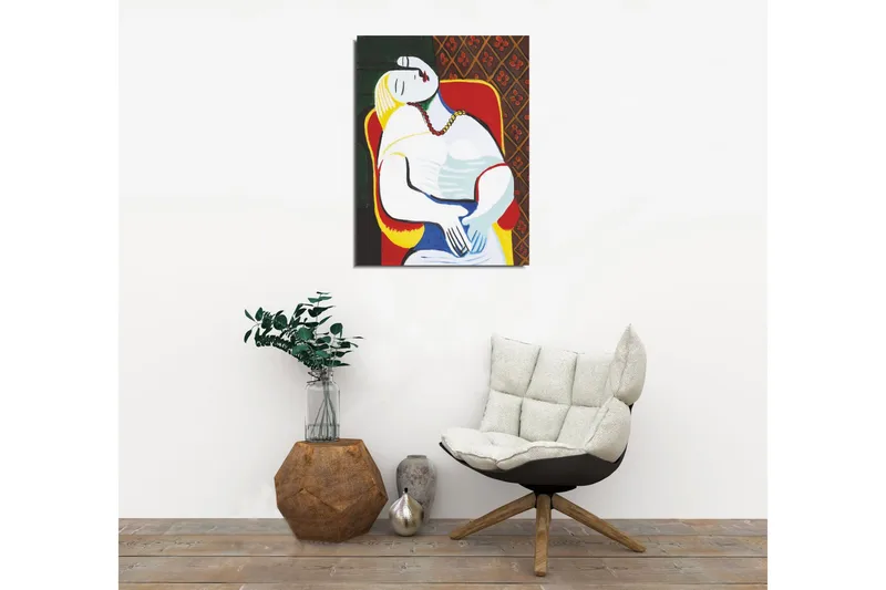 Lite lerretsbilde 30x40 cm - Avslappet kvinne i et fargerikt miljø - Rød / Gul / Grønn - Interiør - Maleri & posters - Lerretsbilder