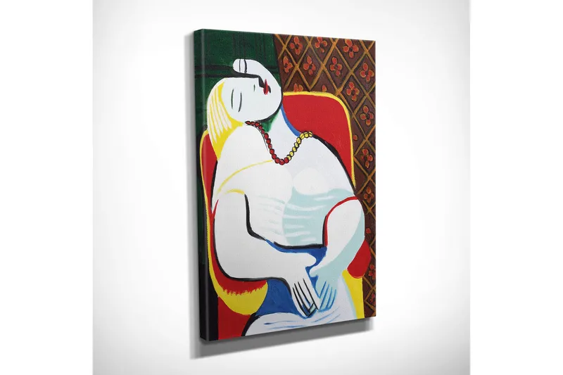 Lite lerretsbilde 30x40 cm - Avslappet kvinne i et fargerikt miljø - Rød / Gul / Grønn - Interiør - Maleri & posters - Lerretsbilder