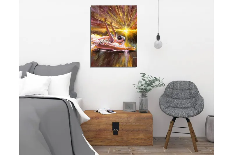 Lite lerretsbilde 30x40 cm - Ballerina i en dynamisk positur med lysstråler som omgir henne - Gull / Rosa / Brun - Interiør - Maleri & posters - Lerretsbilder
