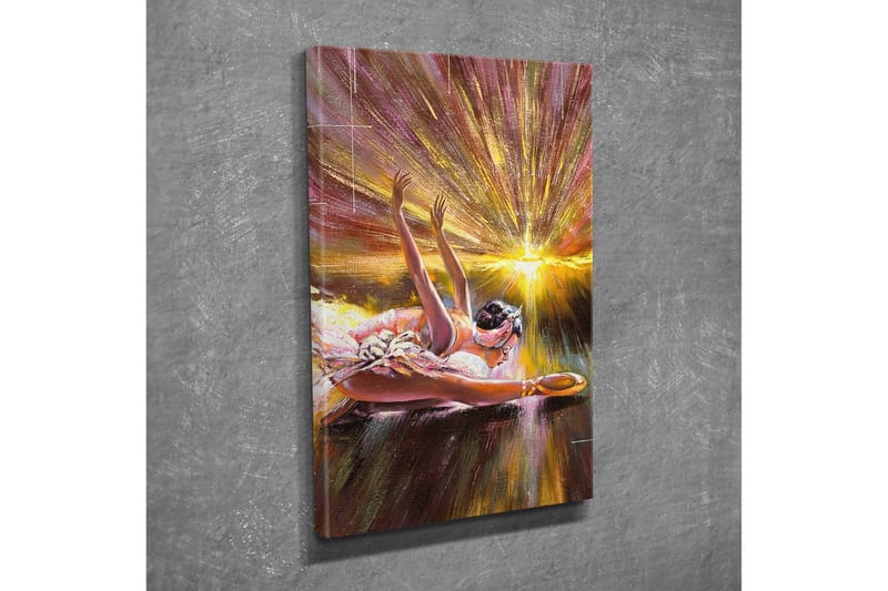 Lite lerretsbilde 30x40 cm - Ballerina i en dynamisk positur med lysstråler som omgir henne - Gull / Rosa / Brun - Interiør - Maleri & posters - Lerretsbilder