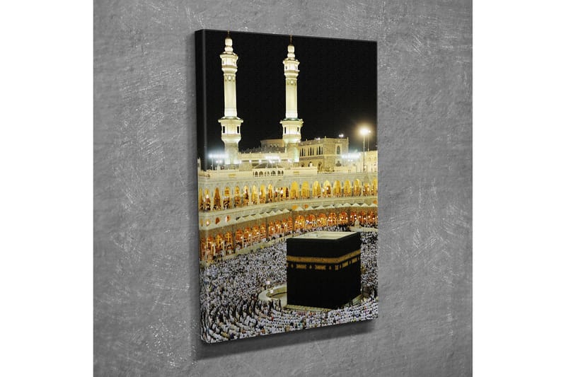 Lite lerretsbilde 30x40 cm - Den hellige Kaba i Mekka omgitt av pilegrimer - Svart / Hvit / Gull - Interiør - Maleri & posters - Lerretsbilder