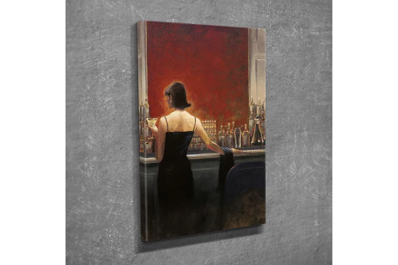 Lite lerretsbilde 30x40 cm - Elegant kvinne i svart kjole nyter en drink på en bar - Rød / Svart / Beige - Interiør - Maleri & posters - Lerretsbilder
